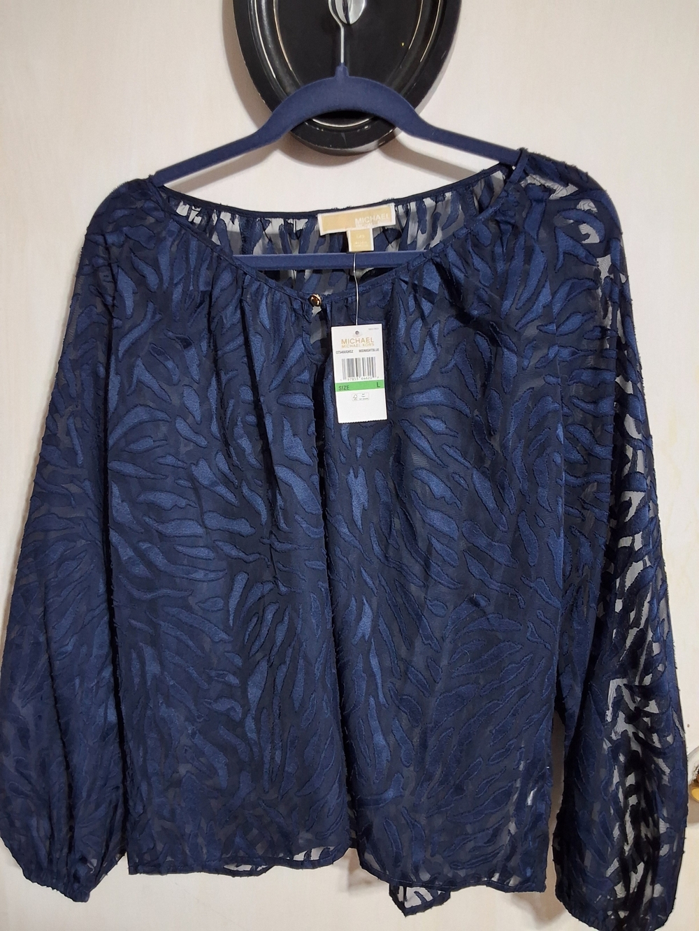 Michael Kors Navy Sheer Burnout Long-Sleeve Blouse